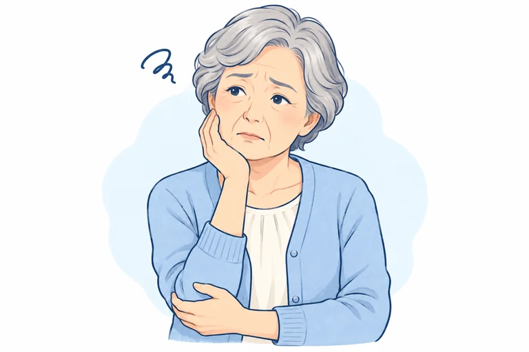 頬に手を添え、お墓のことで思い悩む高齢の女性のイラスト
